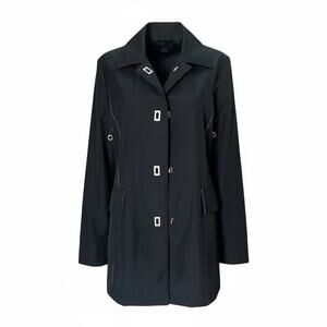 Platinum Black classic coat Women’s Sz M Mid-Length Pockets grommets accents